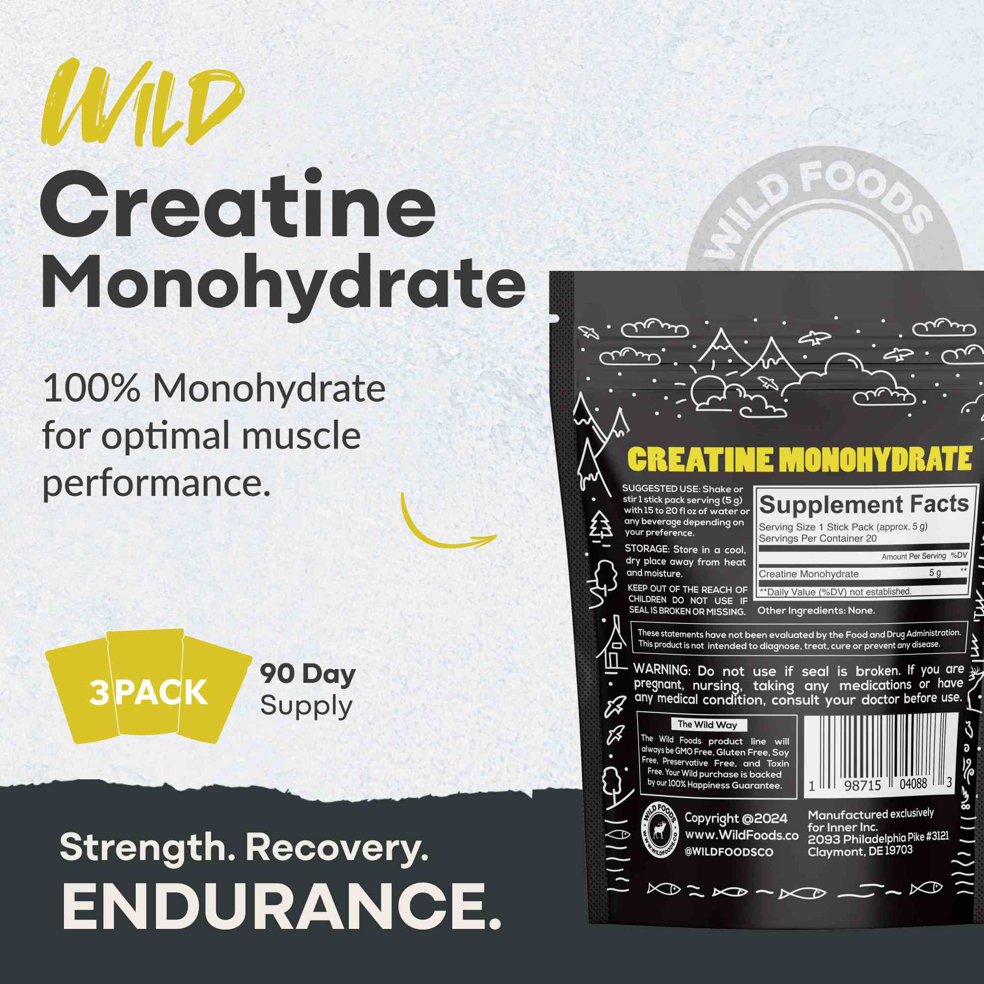 Wild Creatine Monohydrate, 20 Servings – 100% Pure for Strength & Endurance
