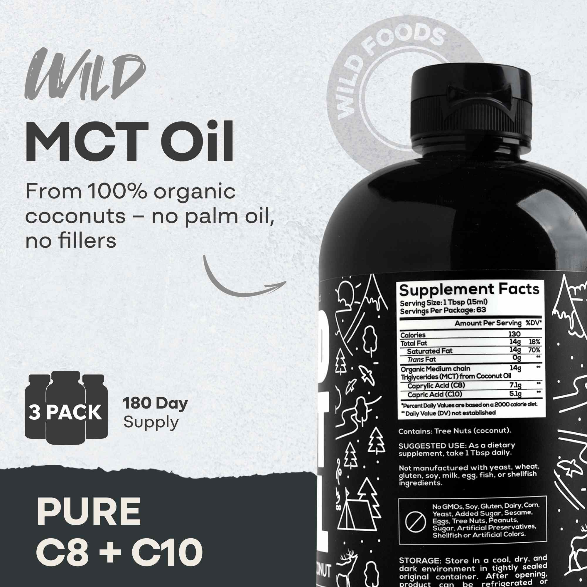 Wild MCT Oil – 100% Coconut-Sourced Brain & Body Fuel, 63 Servings