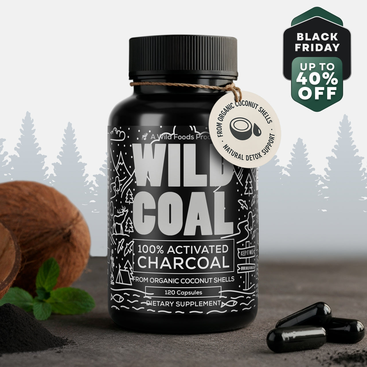 Activated Charcoal Capsules, 60 servings - Made from 100% Organic Coconuts