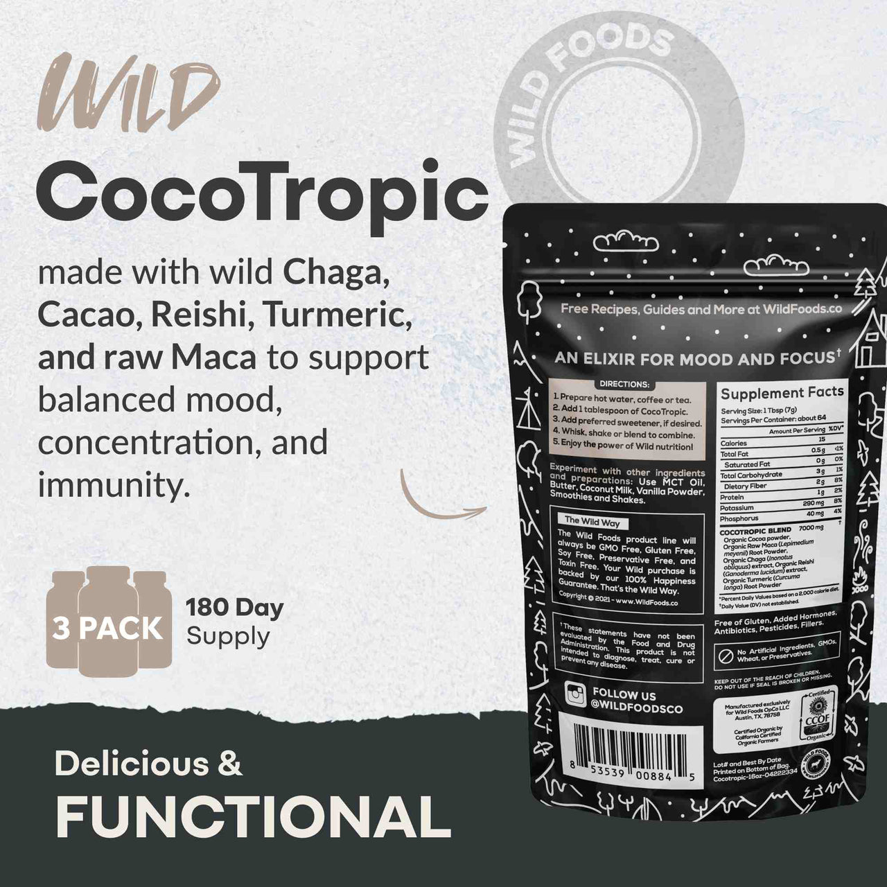 CocoTropic, 32 servings – Organic Mushroom Mix for Energy & Focus