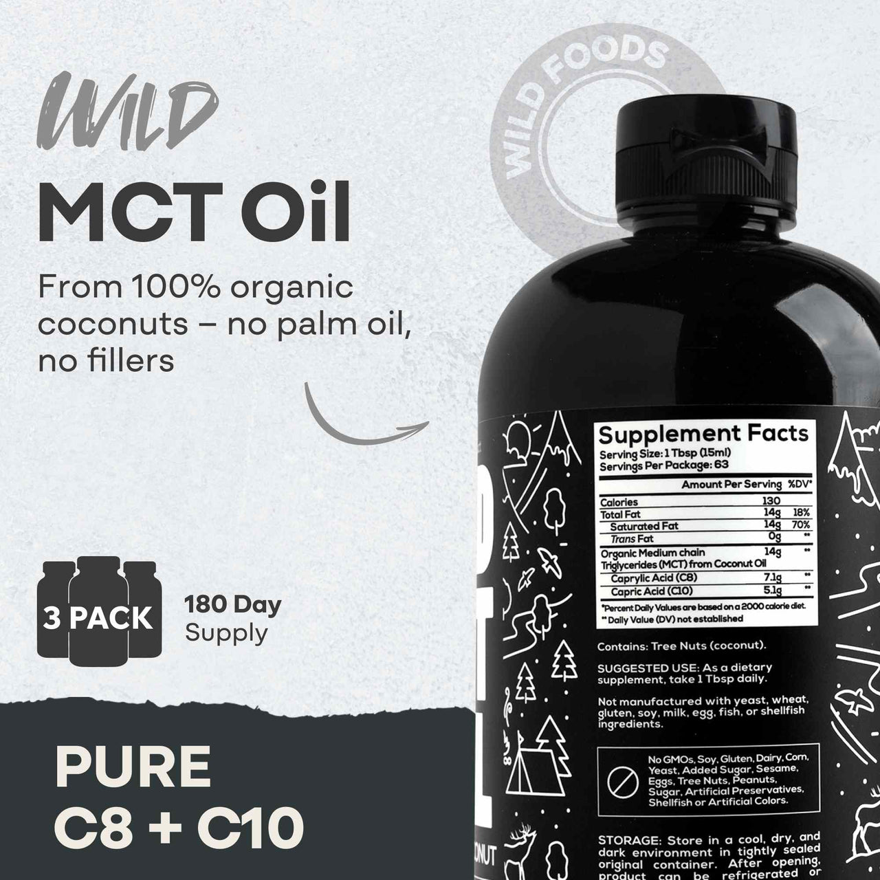 Wild MCT Oil – 100% Coconut-Sourced Brain & Body Fuel, 63 Servings