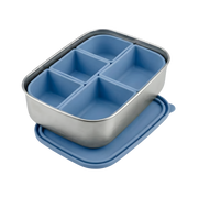 Blue and silver compartmentalized food container on a white background