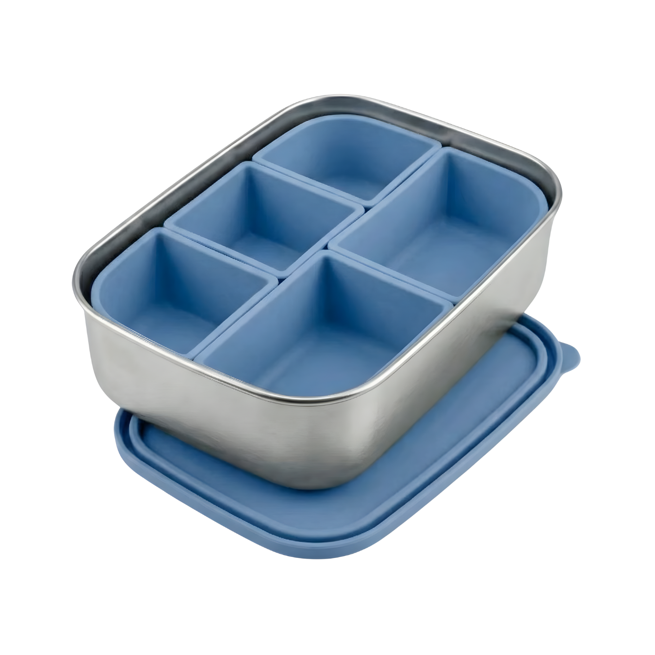 Blue and silver compartmentalized food container on a white background