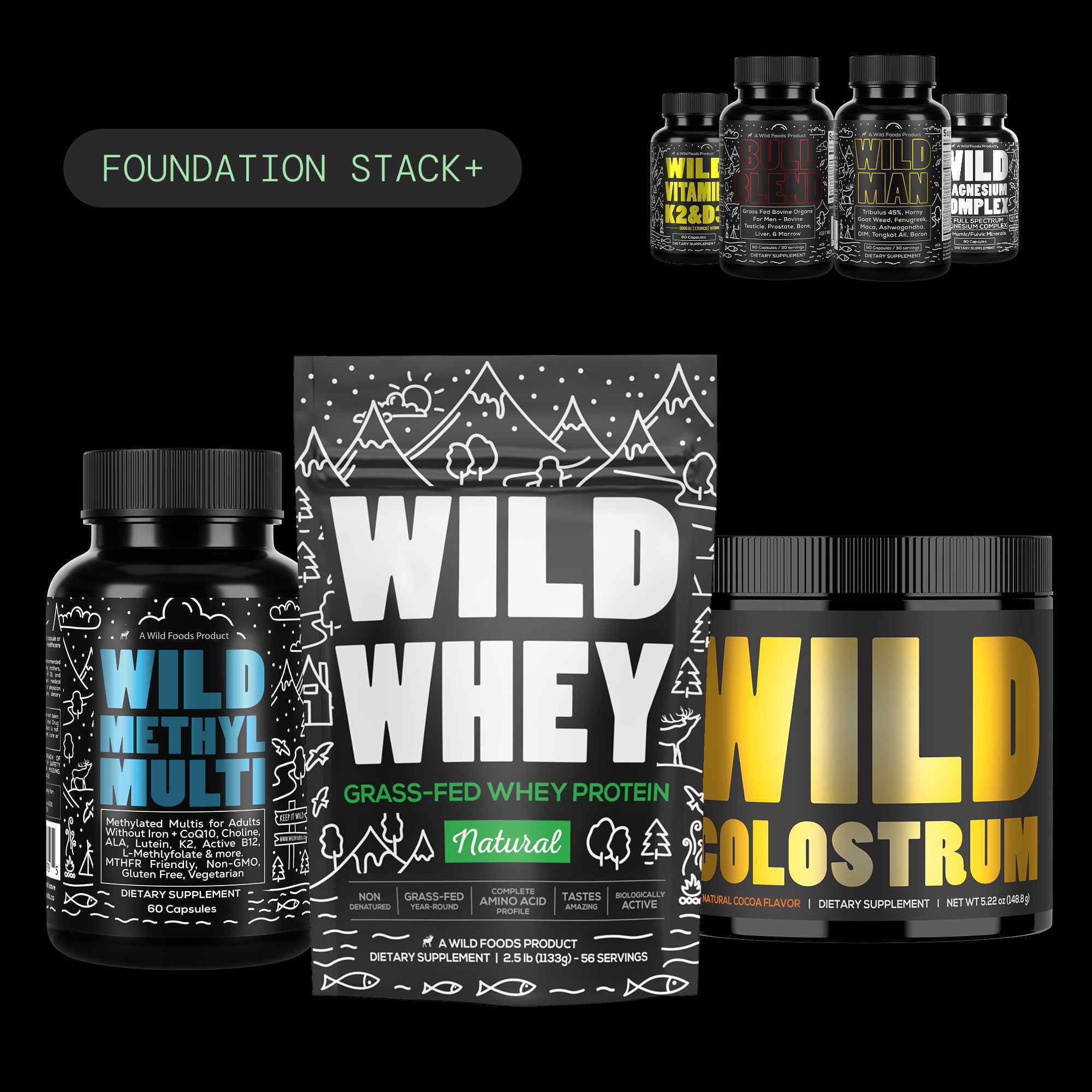 Supplements including Wild Whey Protein, Vitamins, and Methyl Multi on a black background.