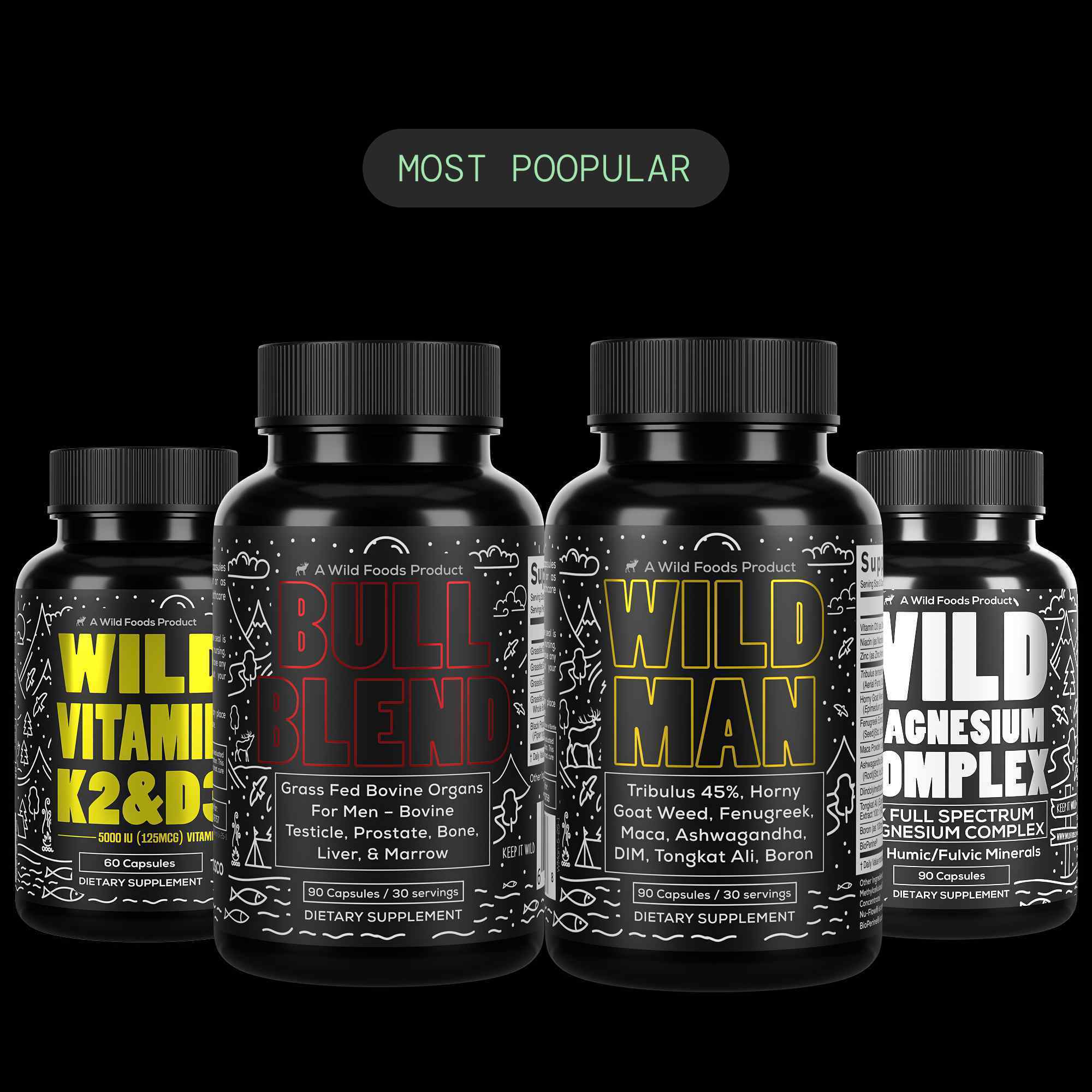 Black bottle of dietary supplement with capsules beside it.