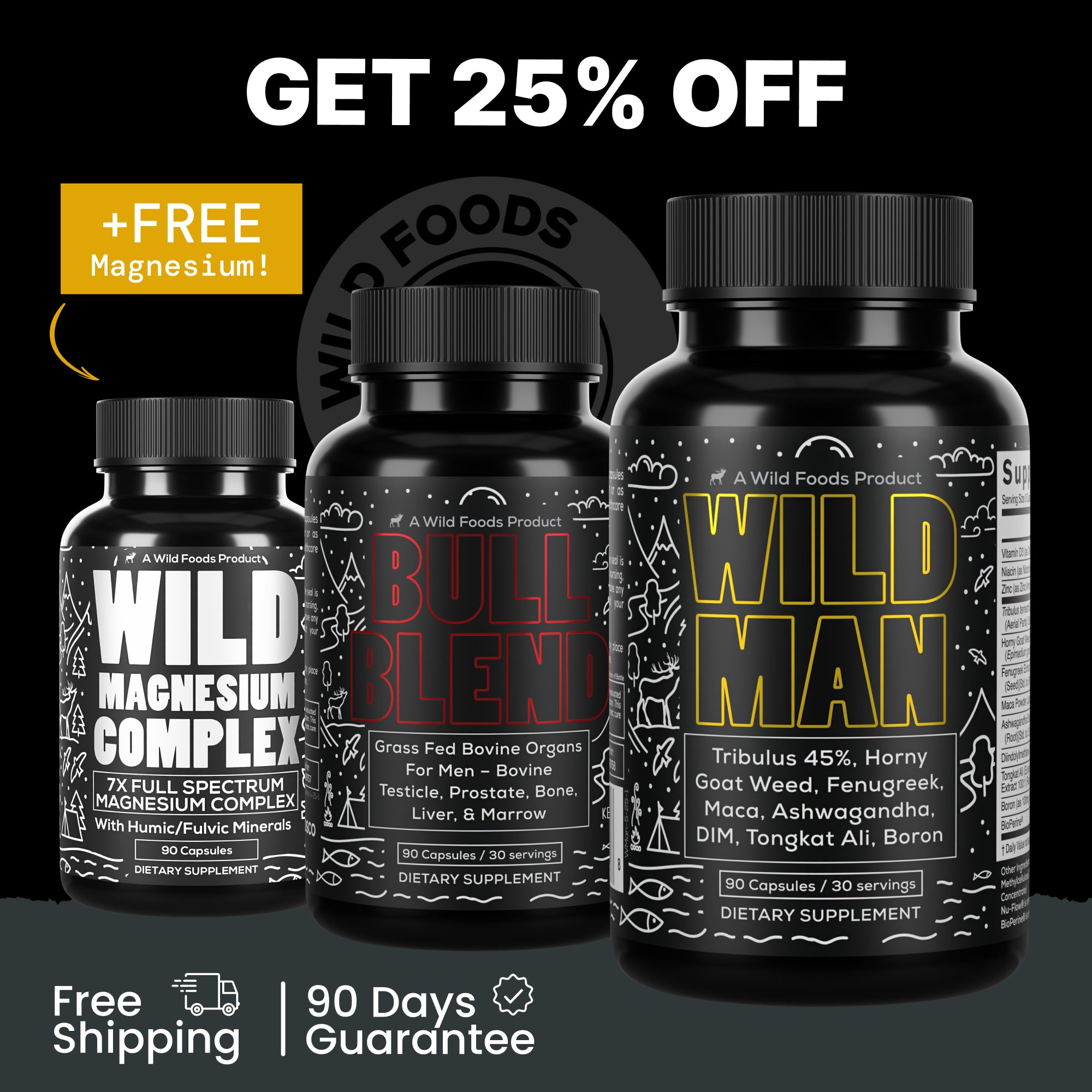 Two bottles of dietary supplements labeled Wild Man and Bull Blend.