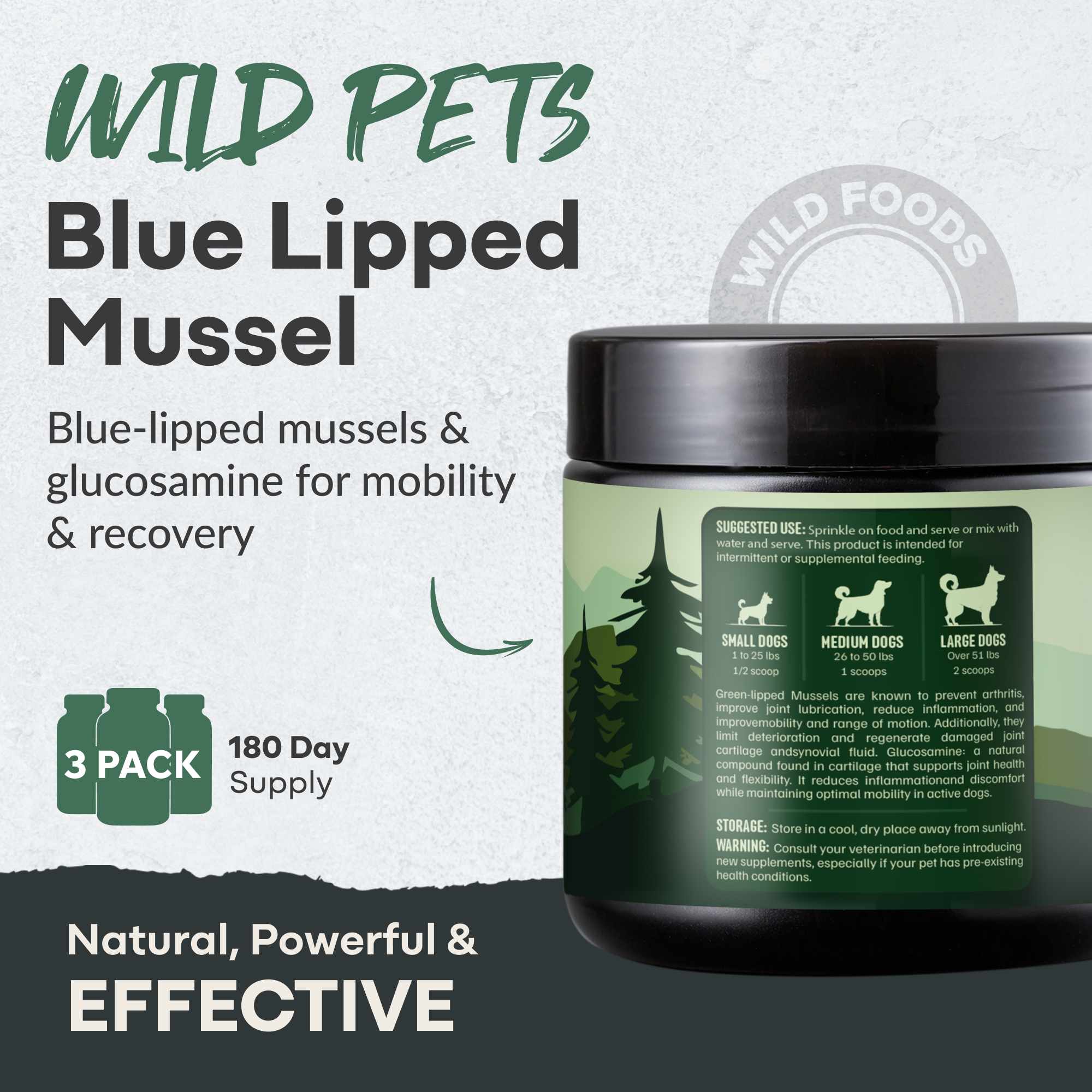 NEW!! Wild Pets Blue Lipped Mussel & Glucosamine Powder for Hip & Joint Health –  120g