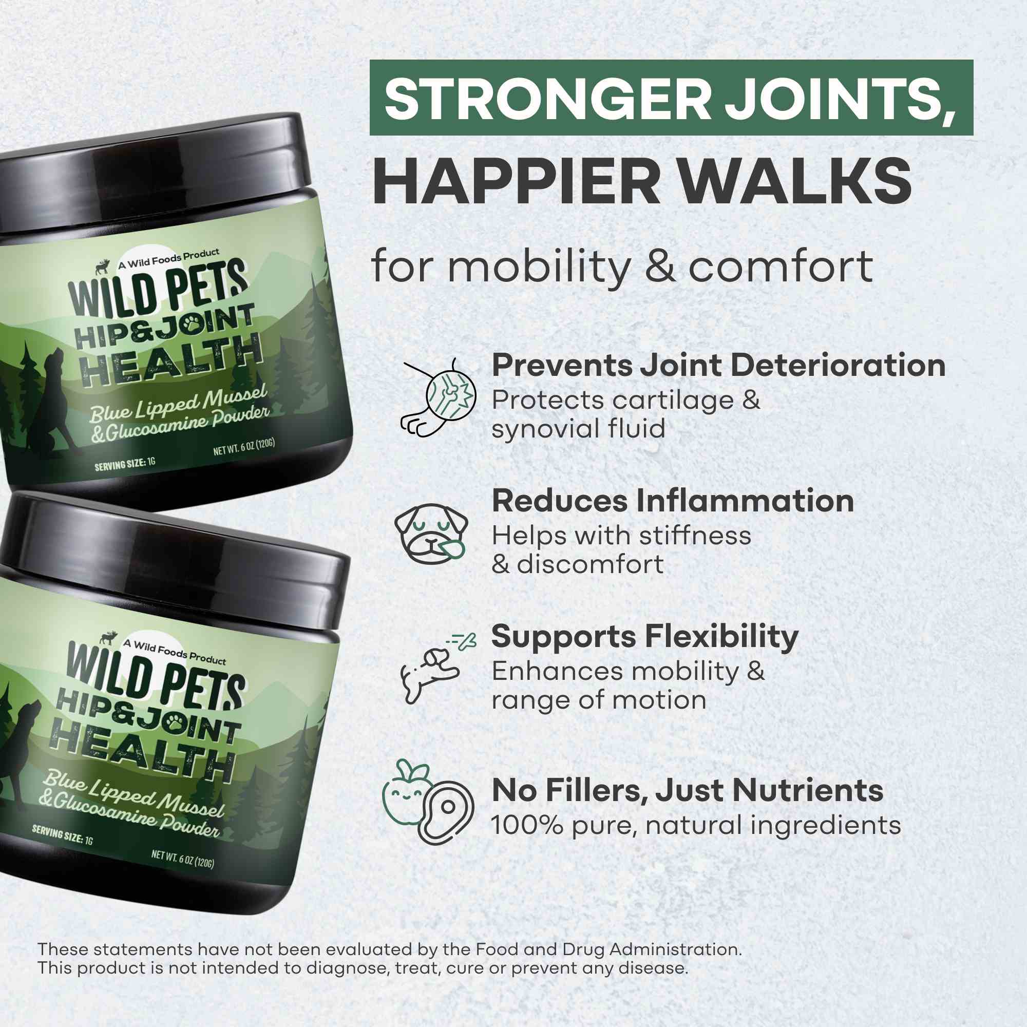 NEW!! Wild Pets Blue Lipped Mussel & Glucosamine Powder for Hip & Joint Health –  120g