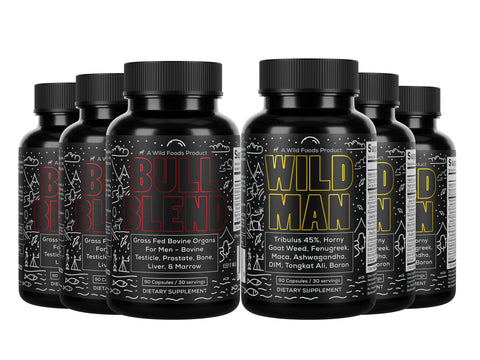 The Wild Man Stack: Bull Blend Organs Complex + Wild Man Herbal Testosterone Blend Supplements Wild Foods 90d Supply (Six Bottles)  